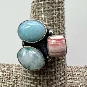 New Larimar Moonstone Rhodochrosite Multi Stone Silver Overlay Ring Size 6.75